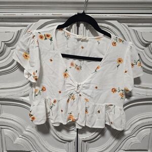 White Floral Tie-Front Peplum Top